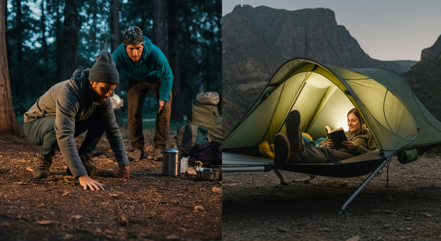 Frustrated campers searching for flat ground vs relaxed couple in Nube shelter