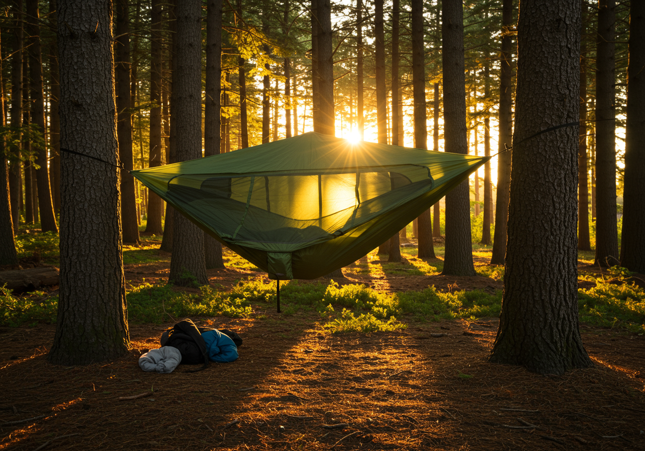 Nube hammock shelter at golden hour sunset in forest