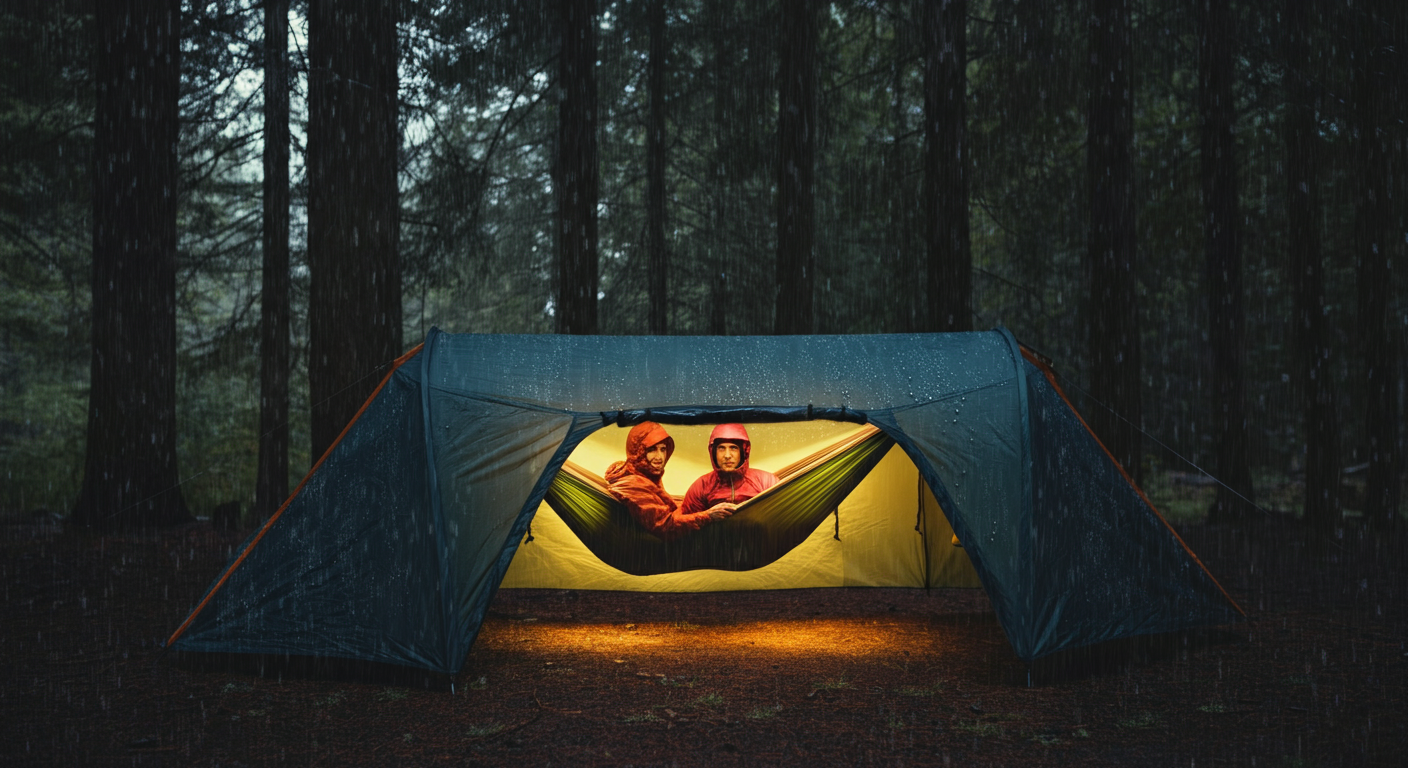 Couple relaxing in Nube aerial mode during light rain