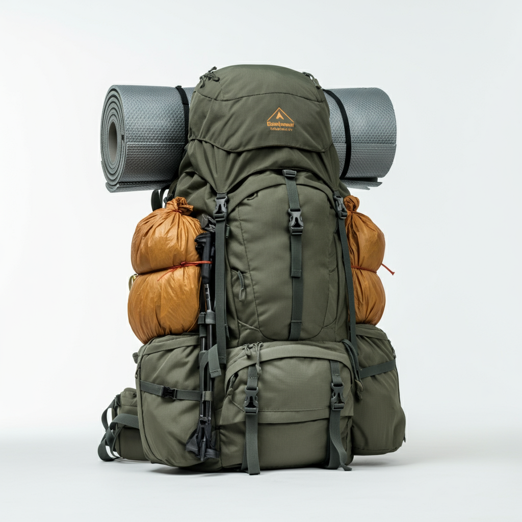Heavy overloaded backpack with tent gear